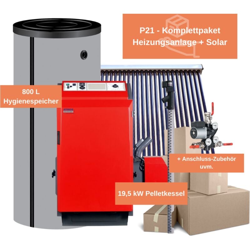 Atmos - Pelletkessel Rundum Sorglos Paket P21 für Heizung & Warmwasser & Solar