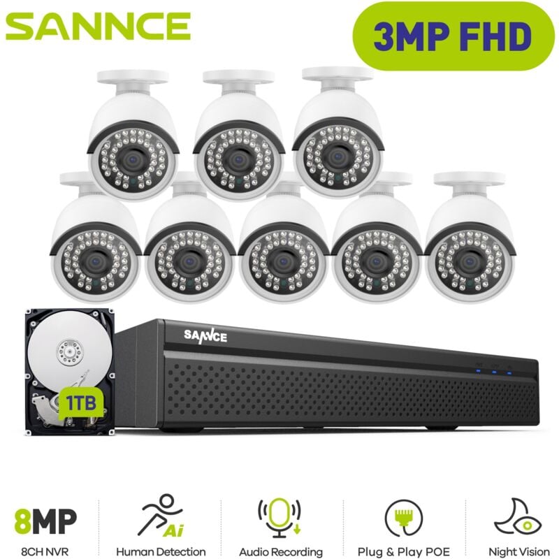 Außenbereich Überwachungskamera Set,8CH nvr mit 3MP 8 ip PoE Sicherheitskamera,Nachtsicht Überwachungskamera,1TB hdd - Sannce