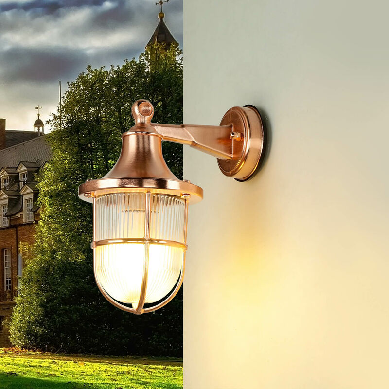 Licht-erlebnisse - Außenlampe Wand in Kupfer Glas Messing massiv E27 IP64 Terrasse Hof Maritim Außenleuchte santorin