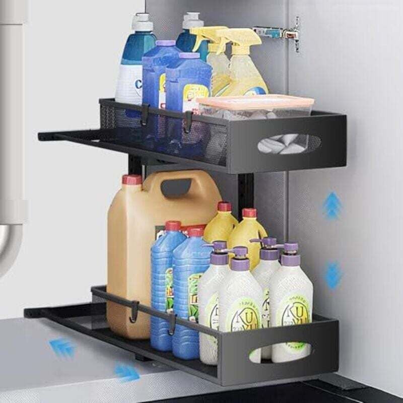 Aufbewahrung unter der Spüle aus Metall, 2-stufiger, verschiebbarer Organizer für die Küche unter der Spüle, höhenverstellbares Regal unter der Spüle