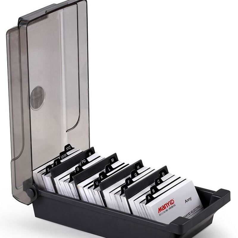 Aufbewahrungsbox für Visitenkarten für den Schreibtisch mit Trennwand und Indexetikett (schwarz)