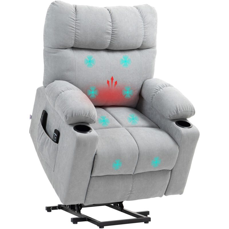 HOMCOM Fernsehsessel mit Aufstehhilfe Elektrisch Relaxsessel mit Liegefunktion, Wärmefunktion, Massagesessel mit Fernbedienung Becherhalter