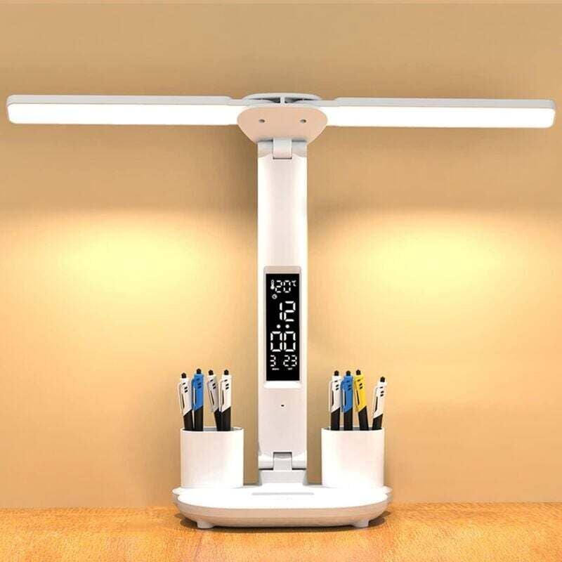 Augenpflege-Schreibtischlampe, kabellos, dimmbar, batteriebetrieben, mit Uhr/Stifthalter/LCD-Display/Kalender/Temperatur, 3 Farben, 3200 k Licht