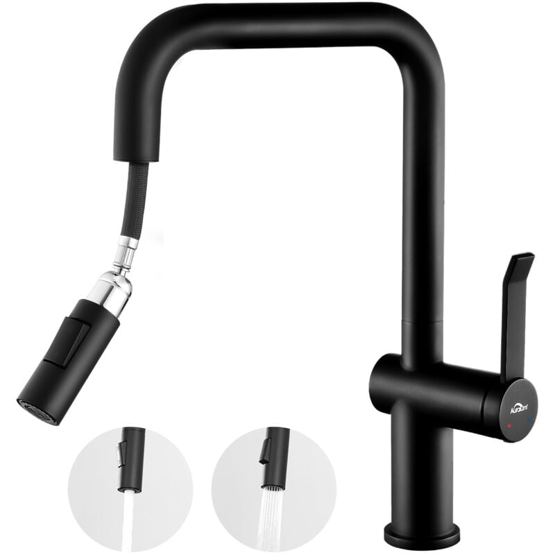 Auralum Küchenarmatur mit Ausziehbar Brause, Hochdruck Wasserhahn Küche 360° Drehbar, Küchenmischbatterie mit 2 Strahlarten, Küche Armatur mit