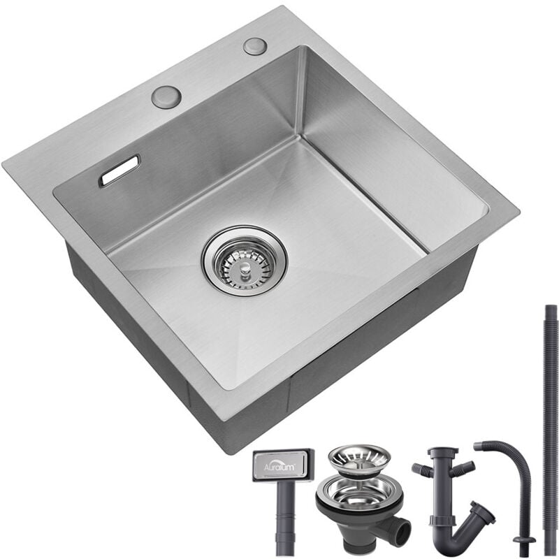 45 x 45 cm Küchenspüle, Spüle aus gebürstetem Edelstahl, quadratische Spüle mit Abfluss und Siphon, Arbeitsplatte oder Einbau
