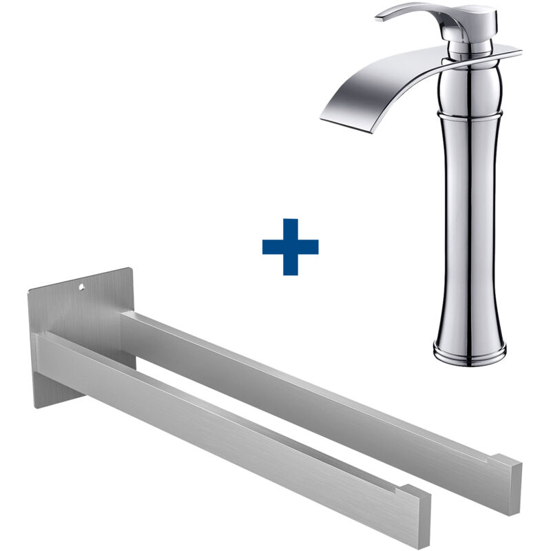 Auralum Max - Bad Armatur Waschtischarmatur mit Hoher Wasserfall Auslauf + Edelstahl Handtuchhalter Handtuchstange, Wandhaken für Bad