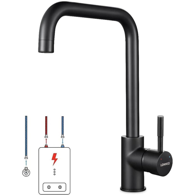 Niederdruck Armatur Küche Schwarz, Küchenarmatur Niederdruck Wasserhahn Küche Armatur, 360° drehbare Mischbatterie Küche Edelstahl Spültischarmatur