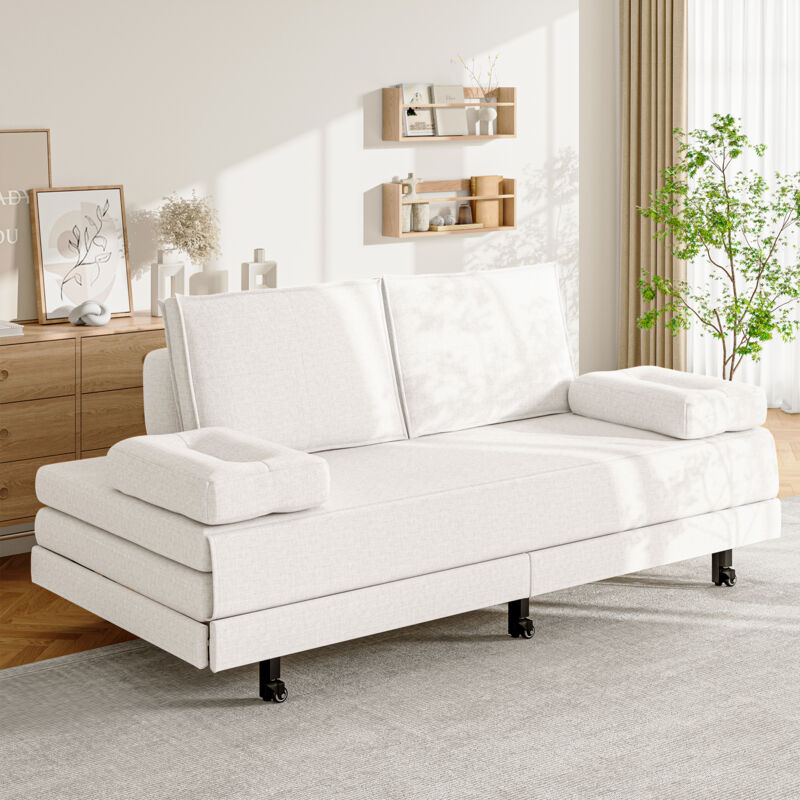 Ausziehbett 90/180x200 cm, gepolstertes Bett, mit ausziehbarer Schlafcouch, Leinenstoff, Lattenrost, Doppelschlafcouch – Weiß