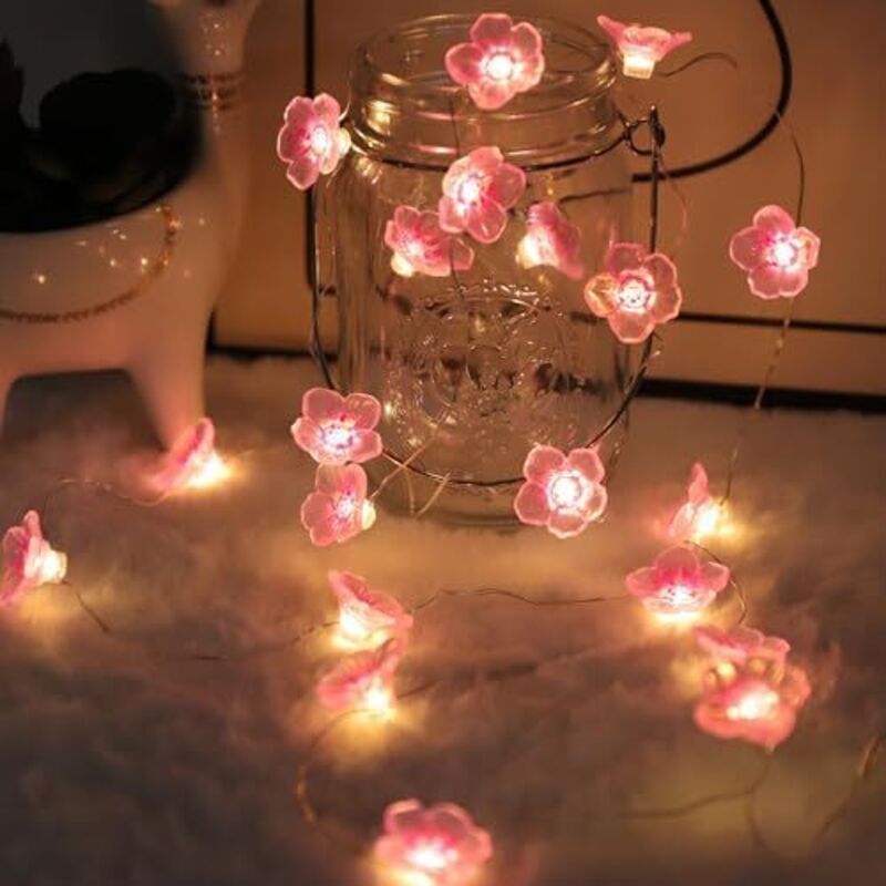 Auting LED Lichterkette Kirschblüten deko, 2M lichterkette blumen Girlande mit 20 LED-Licht Batterie mit Timing-Funktion, lichterkette frühling deko