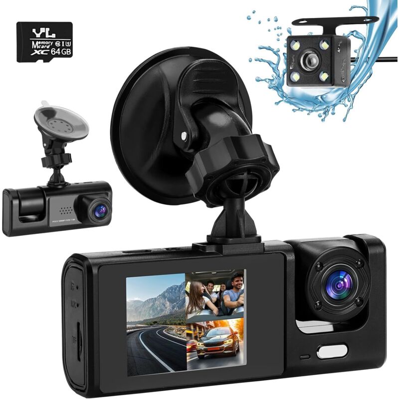 Autofront und Innenraum mit Akku, 1080P+720P+1080P FHD 3-Kanal-Dashcam, G-Sensor, Parkmodus, HDR, IR-Nachtsicht, Weitwinkel, 64 GB SD-Karte