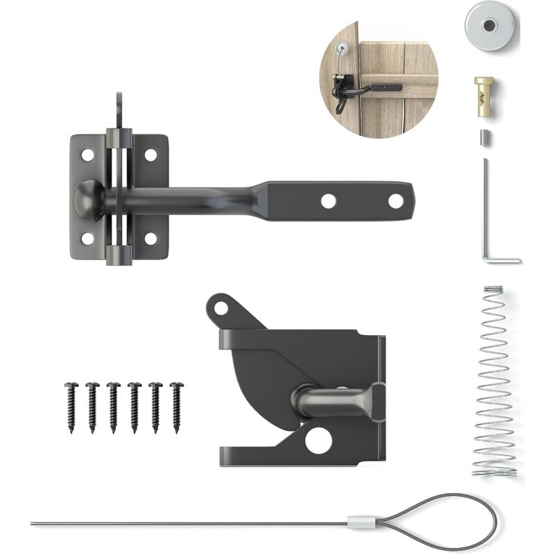 Automatisches Torschloss, Schwerkraftriegel aus Stahl für Gartenzaun, schwarz mit 6 Schrauben für Suffolk-Zauntor