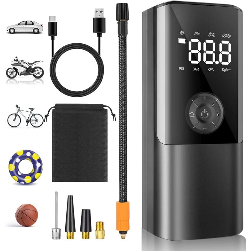 Ersandy - Autoreifen-Inflator, tragbarer Mini-Luftkompressor 6000 mAh, 150 psi Fahrradpumpe mit Manometer, elektrischer Inflator für Autoreifen,