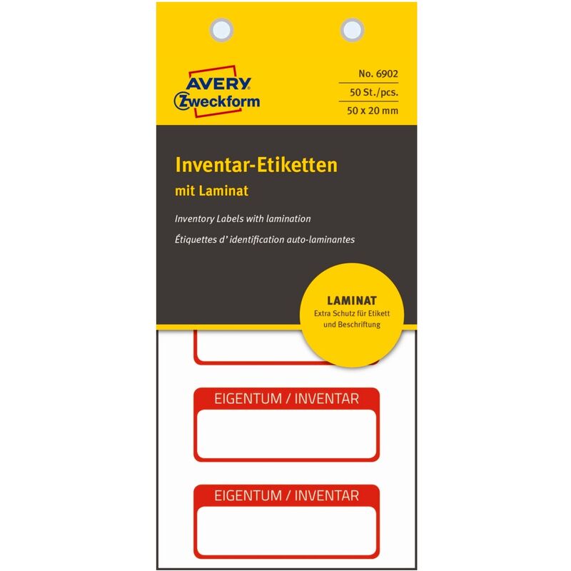 50x Inventar-Etiketten 50x20mm Laminat Weiß/Rot