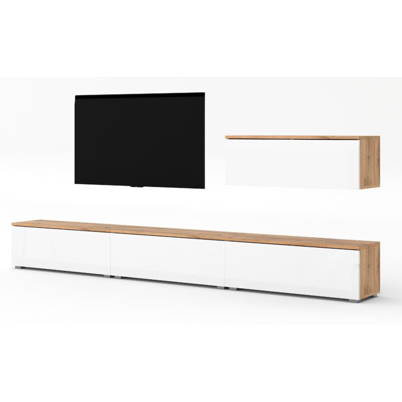 AX LIVING Anbauwand Loriano IV Wohnwand Eiche Wotan/weiß Hochglanz 300