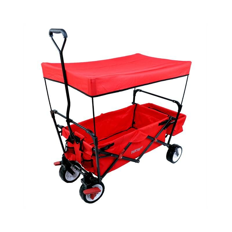 FUXTEC faltbarer Bollerwagen FX-CT350 Rot- in weiteren 4 Farben erhältlich, klappbar mit Dach, Vorderrad-Bremse, Strand-Reifen, Hecktasche, für