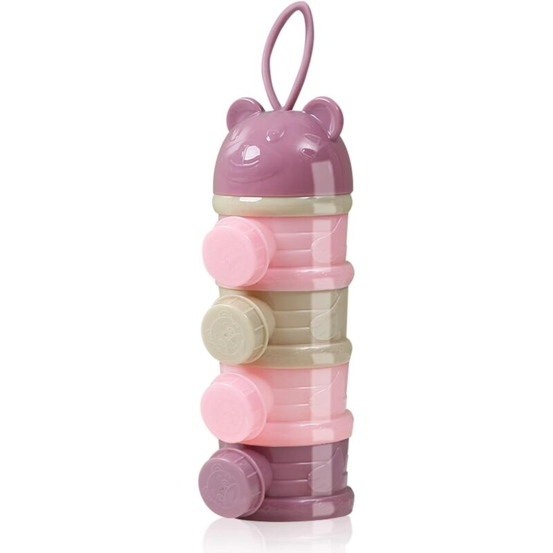 Baby-Feeder, 4 Fächer, Babynahrung, Milchpulverspender, Spenderbox, tragbare Säuglingsnahrung, Milchpulverspenderbox, stapelbar (Pink)