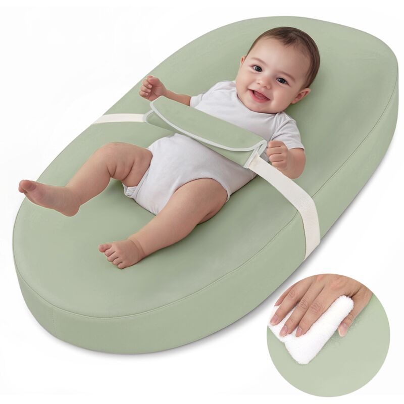 Baby Wickelauflage Wickeltisch Polyurethan wasserdicht mit Sicherheitsgurt, rutschfestem Boden, tragbar, abwischbar,Hellgrün