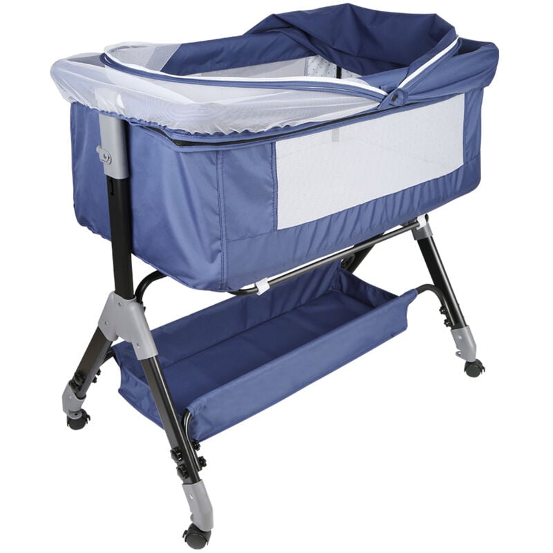 Aqrau - Babybett, faltbares Babybett, klappbare Seitenteile, höhenverstellbar, Netzfenster, Aufbewahrungskorb auf Rädern – Blau