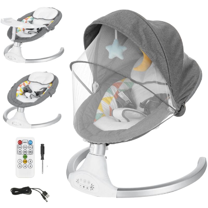 Babyschaukel elektrische Babywippe 5 Gänge mit Esstisch, bluetooth Musik, Moskitonetz und Spielzeug, max. 9kg