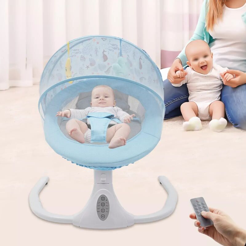 Babywippe/elektrische Babyschaukel, blau, mit Fernbedienung, 3-Punkt-Gurt, faltbar, Bluetooth-Musik