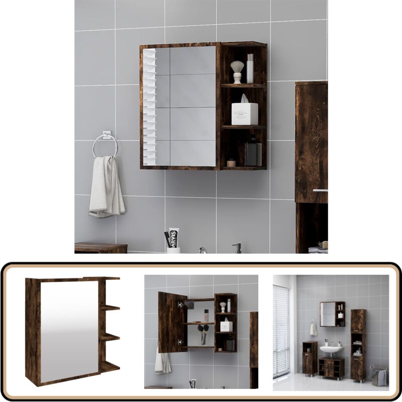 Bad-Spiegelschrank Räuchereiche 62,5x20,5x64 cm Holzwerkstoff - Holzschrank - Badezimmermöbel - Spiegelschrank - Wandmontage - Rauchfarbe