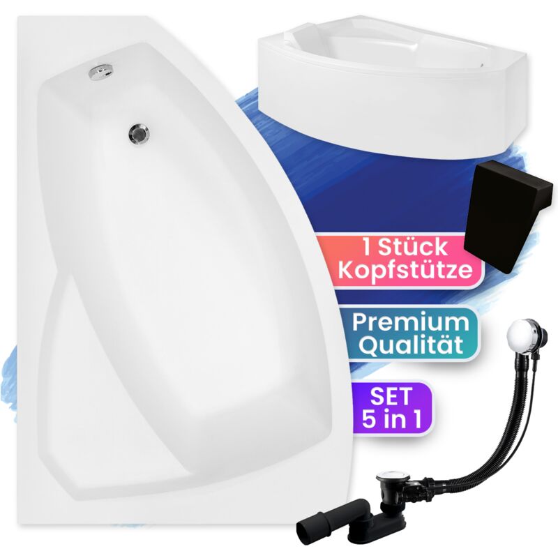 Badland - Badewanne Eckbadewanne 130x85 Links mit AcrylSchürze + Kopfstütze, Ablaufgarnitur & Füßen gratis - Komplettset 5in1 - Made in eu rima