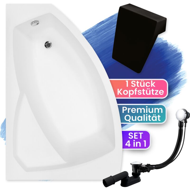 Badland - Badewanne Eckbadewanne 130x85 Links + Kopfstütze, Ablaufgarnitur & Füßen gratis - Komplettset 4in1 Acryl Wanne Siphon - Made in eu rima