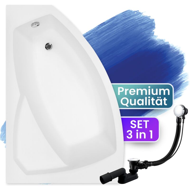 Badewanne Eckbadewanne 130x85 Links, Ablaufgarnitur & Füßen GRATIS - Komplettset 3in1 Original Acryl Wanne Premium Siphon - Made in EU - BADLAND RIMA