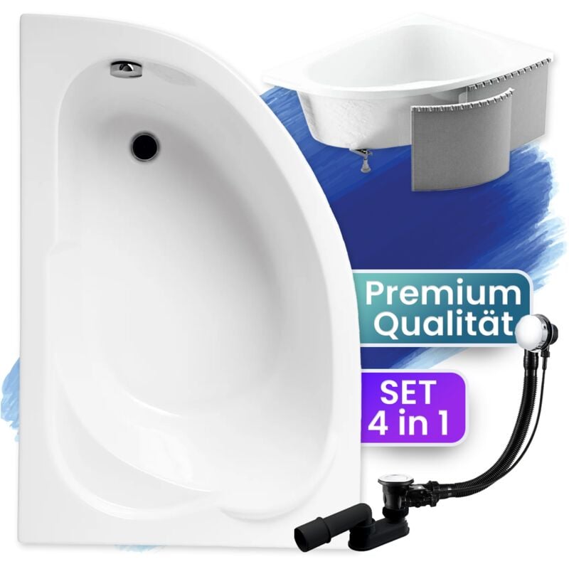 Badland - Badewanne Eckbadewanne 130x85 Links mit Styroporverkleidung, Ablauf & Füße gratis - Komplettset 4in1 Original Acryl Wanne Siphon standard
