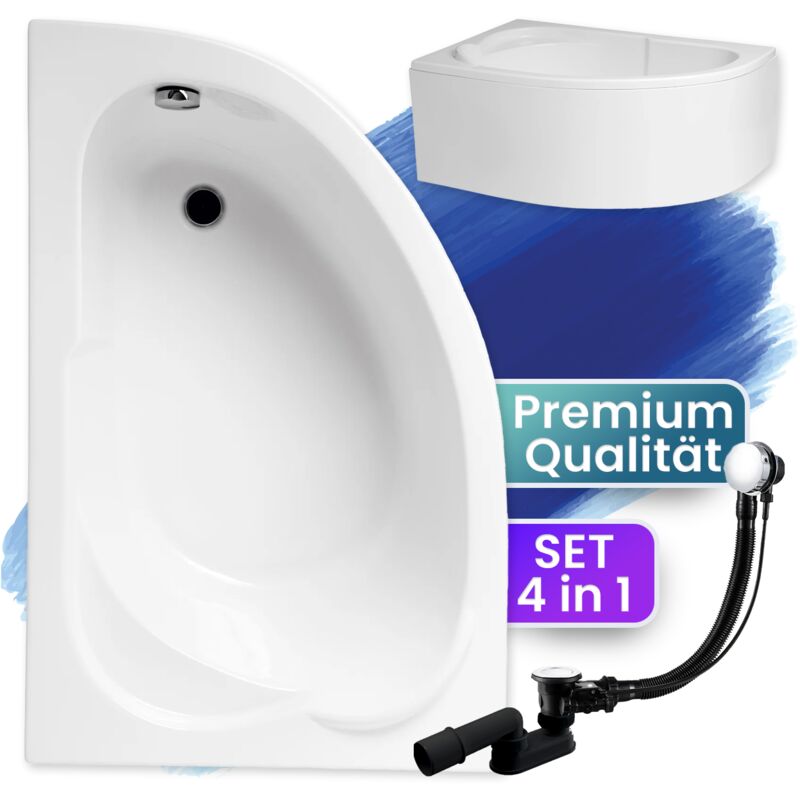 Badland - Badewanne Eckbadewanne 130x85 Links mit AcrylSchürze, Ablaufgarnitur & Füßen gratis - Komplettset 4in1 Original Acryl Wanne Siphon standard
