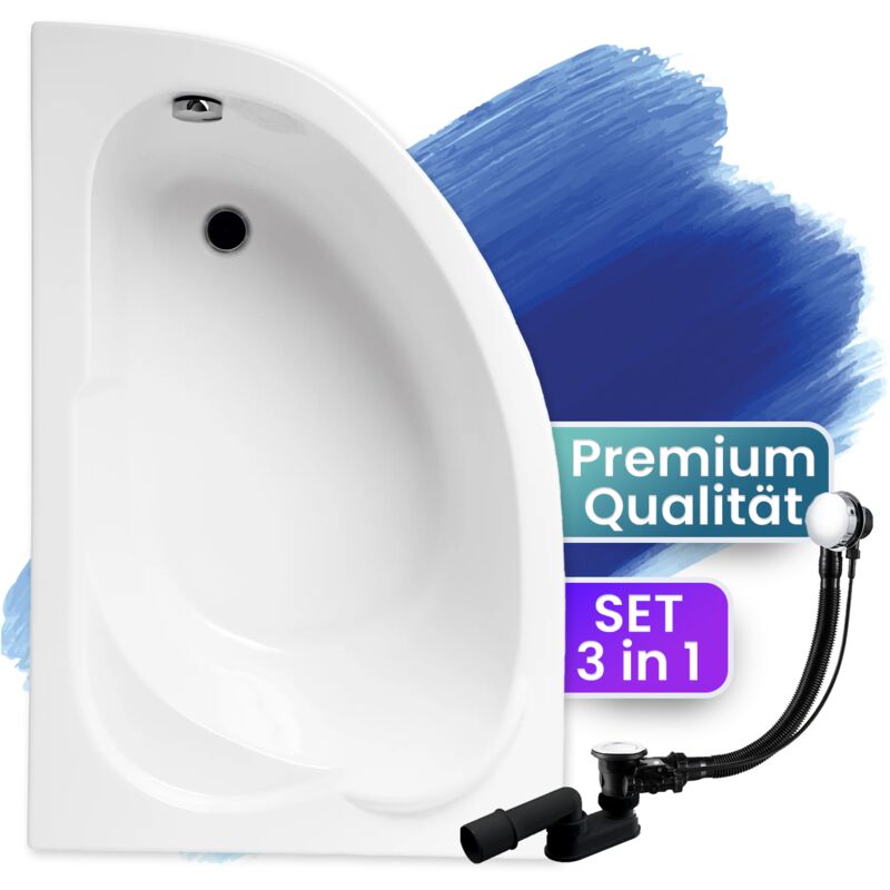 Badland - Badewanne Eckbadewanne 130x85 Links, Ablaufgarnitur & Füßen gratis - Komplettset 3in1 Original Acryl Wanne Premium Siphon standard