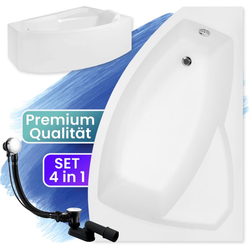 Badland - Badewanne Eckbadewanne 130x85 Rechts mit AcrylSchürze, Ablaufgarnitur & Füßen gratis - Komplettset 4in1 Original Acryl Wanne Siphon rima