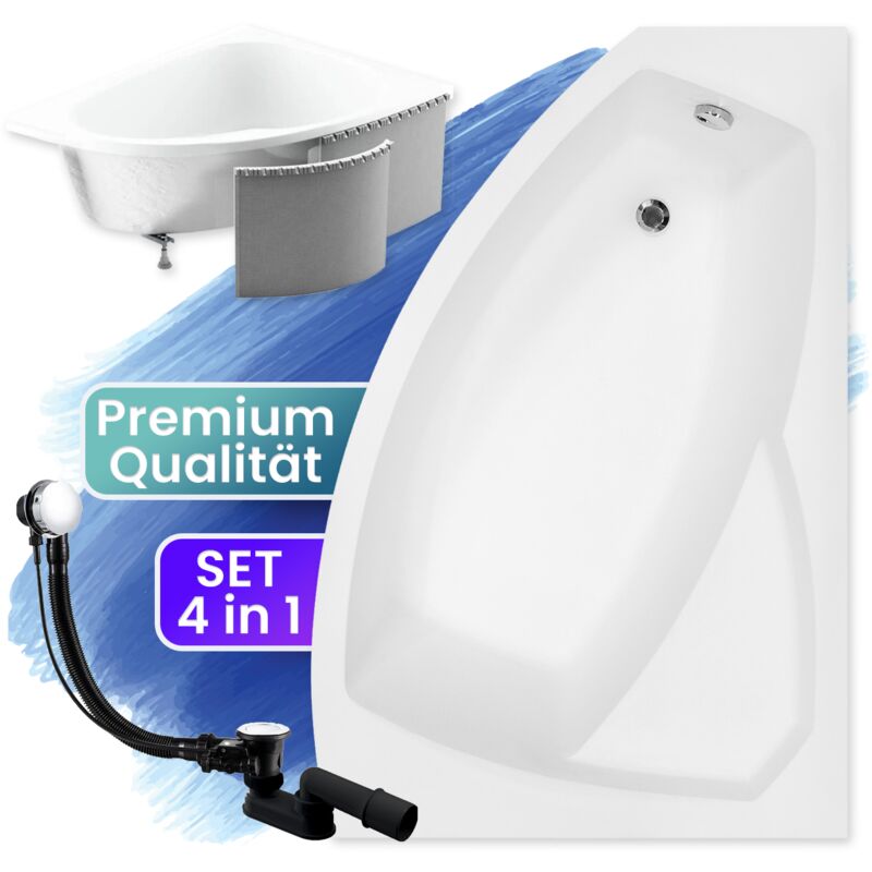 Badland - Badewanne Eckbadewanne 130x85 Rechts mit Styroporverkleidung, Ablauf & Füße gratis - Komplettset 4in1 Original Acryl Wanne Siphon rima