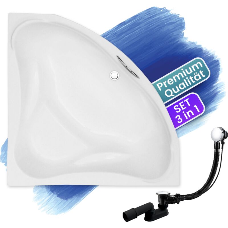 Badland - Badewanne Eckbadewanne 134x134, Ablaufgarnitur & Füßen gratis - Komplettset 3in1 Original Acryl Wanne Premium Siphon - Made in eu ewa
