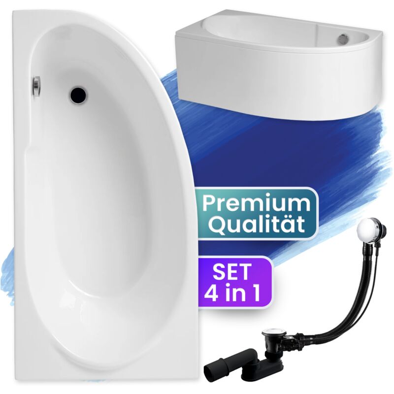 Badland - Badewanne Eckbadewanne 140x70 Links mit AcrylSchürze, Ablaufgarnitur & Füßen gratis - Komplettset 4in1 Original Acryl Wanne Siphon miki