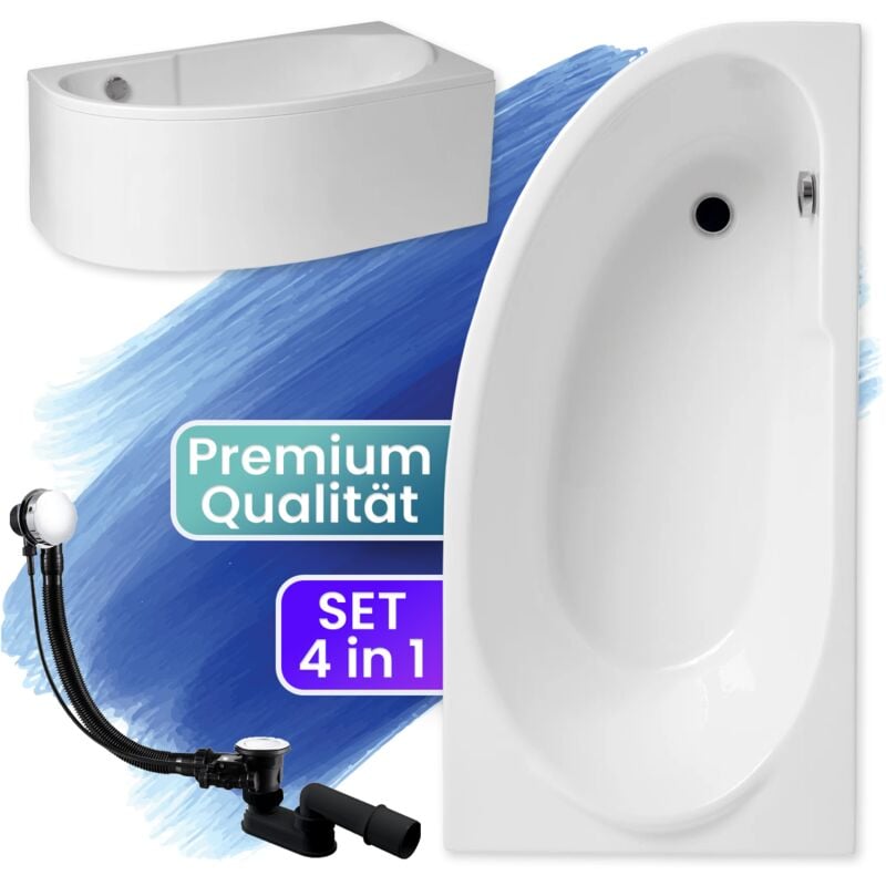 Badland - Badewanne Eckbadewanne 140x70 Rechts mit AcrylSchürze, Ablaufgarnitur & Füßen gratis - Komplettset 4in1 Original Acryl Wanne Siphon miki