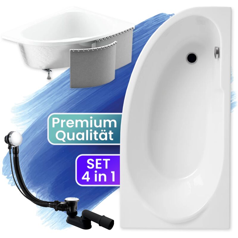 Badland - Badewanne Eckbadewanne 140x70 Rechts mit Styroporverkleidung, Ablauf & Füße gratis - Komplettset 4in1 Original Acryl Wanne Siphon miki