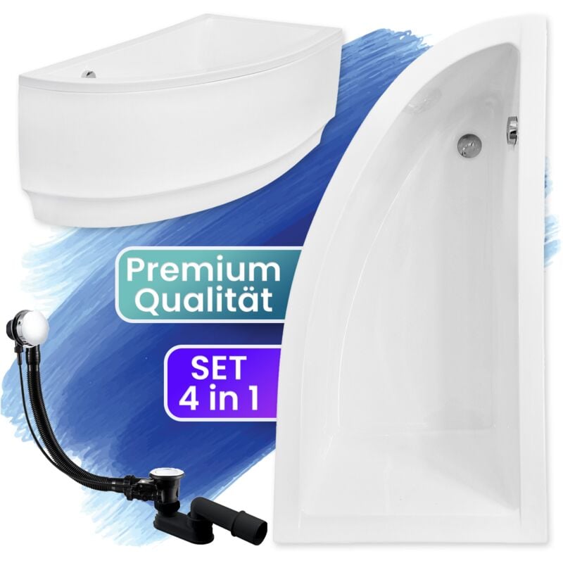 Badland - Badewanne Eckbadewanne 140x70 Rechts mit AcrylSchürze, Ablaufgarnitur & Füßen gratis - Komplettset 4in1 Original Acryl Wanne Siphon praktika