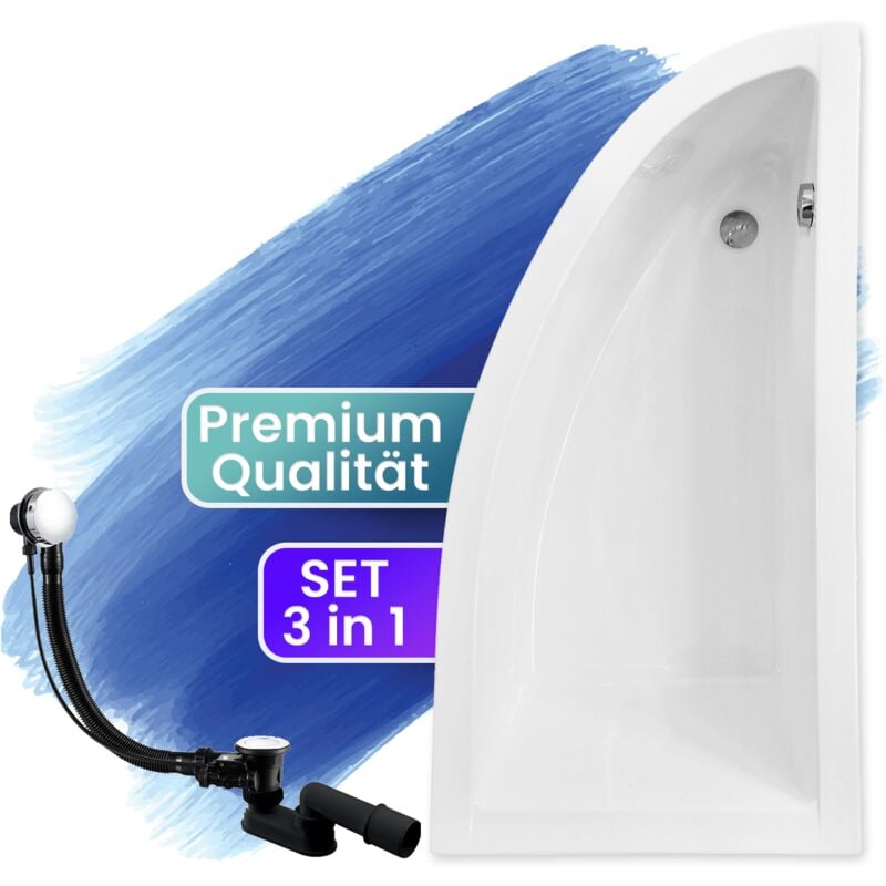 Badewanne Eckbadewanne 140x70 Rechts, Ablaufgarnitur & Füßen GRATIS - Komplettset 3in1 Original Acryl Wanne Premium Siphon - BADLAND PRAKTIKA