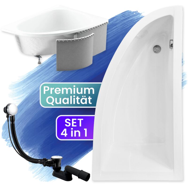Badland - Badewanne Eckbadewanne 140x70 Rechts mit Styroporverkleidung, Ablauf & Füße gratis - Komplettset 4in1 Original Acryl Wanne Siphon praktika