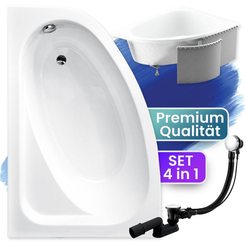 Badland - Badewanne Eckbadewanne 140x80 Links mit Styroporverkleidung, Ablauf & Füße gratis - Komplettset 4in1 Original Acryl Wanne Siphon cornea