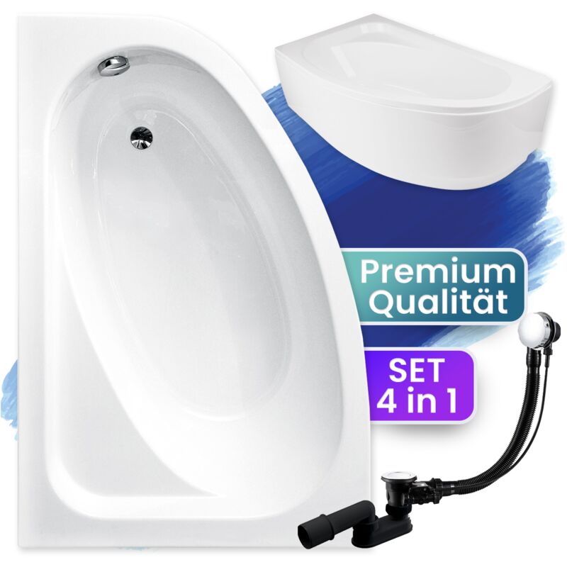 Badewanne Eckbadewanne 140x80 Links mit AcrylSchürze, Ablaufgarnitur & Füßen GRATIS - Komplettset 4in1 Original Acryl Wanne Siphon - BADLAND CORNEA