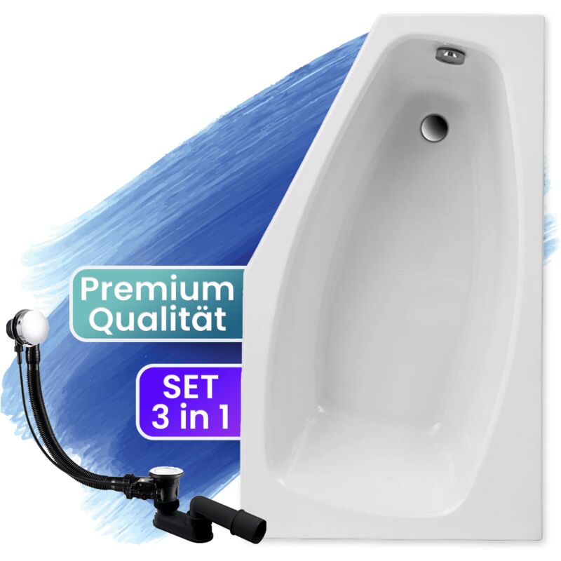 Badland - Badewanne Eckbadewanne 140x80 Rechts, Ablaufgarnitur & Füßen gratis - Komplettset 3in1 Original Acryl Wanne Premium Siphon marika