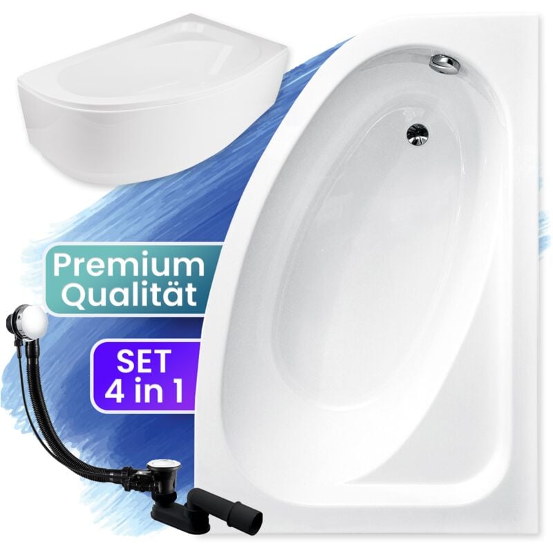 Badland - Badewanne Eckbadewanne 140x80 Rechts mit AcrylSchürze, Ablaufgarnitur & Füßen gratis - Komplettset 4in1 Original Acryl Wanne Siphon cornea