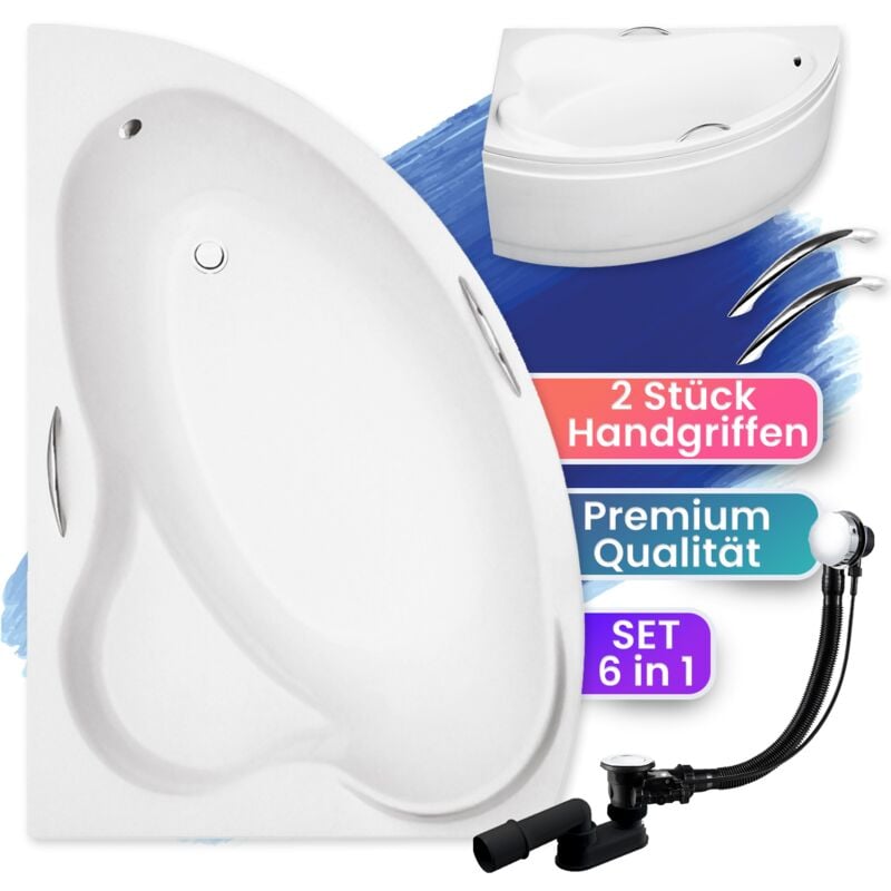 Badland - Badewanne Eckbadewanne 140x90 Links mit AcrylSchürze + Handgriffen, Ablauf & Füße gratis - Komplettset 5in1 Original Acryl Wanne ada
