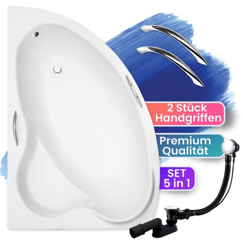 Badland - Badewanne Eckbadewanne 140x90 Links + Handgriffen, Ablauf & Füße gratis - Komplettset 4in1 Original Acryl Wanne ada