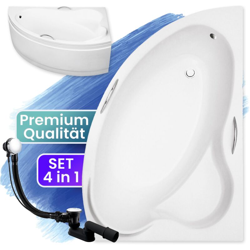Badland - Badewanne Eckbadewanne 140x90 Rechts mit AcrylSchürze, Ablaufgarnitur & Füßen gratis - Komplettset 4in1 Original Acryl Wanne Siphon ada