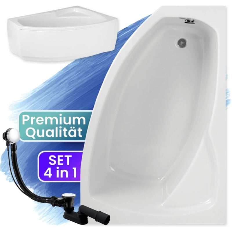 Badewanne Eckbadewanne 140x90 Rechts mit AcrylSchürze, Ablaufgarnitur & Füßen GRATIS - Komplettset 4in1 Original Acryl Wanne Siphon - BADLAND FRIDA