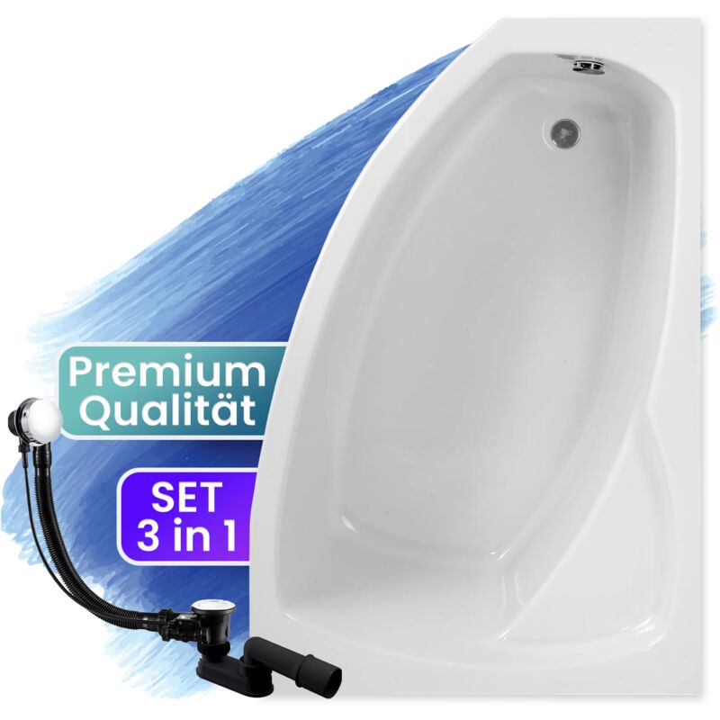 Badland - Badewanne Eckbadewanne 140x90 Rechts, Ablaufgarnitur & Füßen gratis - Komplettset 3in1 Original Acryl Wanne Premium Siphon frida