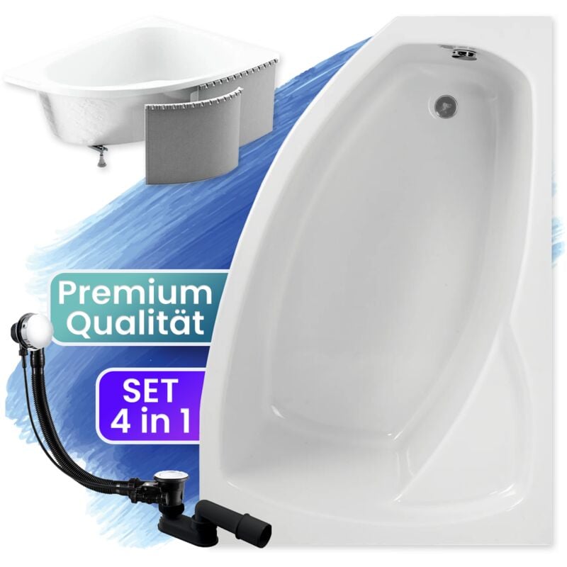 Badland - Badewanne Eckbadewanne 140x90 Rechts mit Styroporverkleidung, Ablauf & Füße gratis - Komplettset 4in1 Original Acryl Wanne Siphon frida